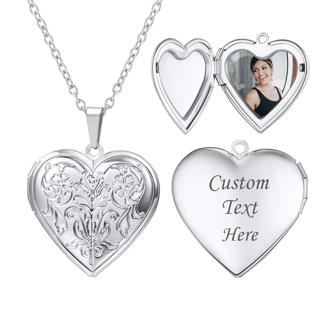U7 Memorial Photo Locket Necklace, Women Silver Heart Pendant with Engrave