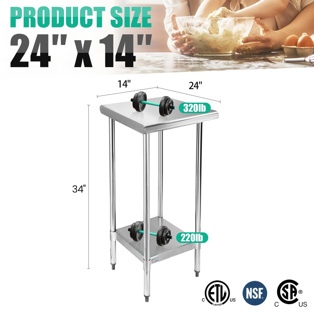 STABLEINK NSF Stainless Steel Table, 24 x 14 Inches Metal Prep & Work Table with Adjustable Undershelf, for Commercial Kitchen, Restaurant, Hotel and Garage,Small Stainless Steel Table
