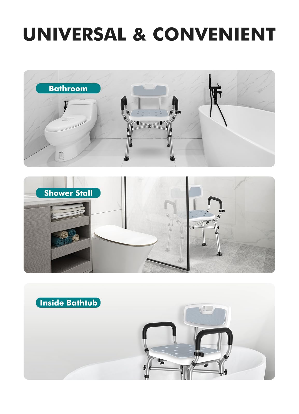 VFAUOSIT Shower Chair for Elderly and Disabled, 550 lbs Shower Chair for Inside Shower with Arms and Back, FSA/HSA 6-Height Shower Seats for Adults with Shower Bag, Bath Chairs for Seniors Inside Tub