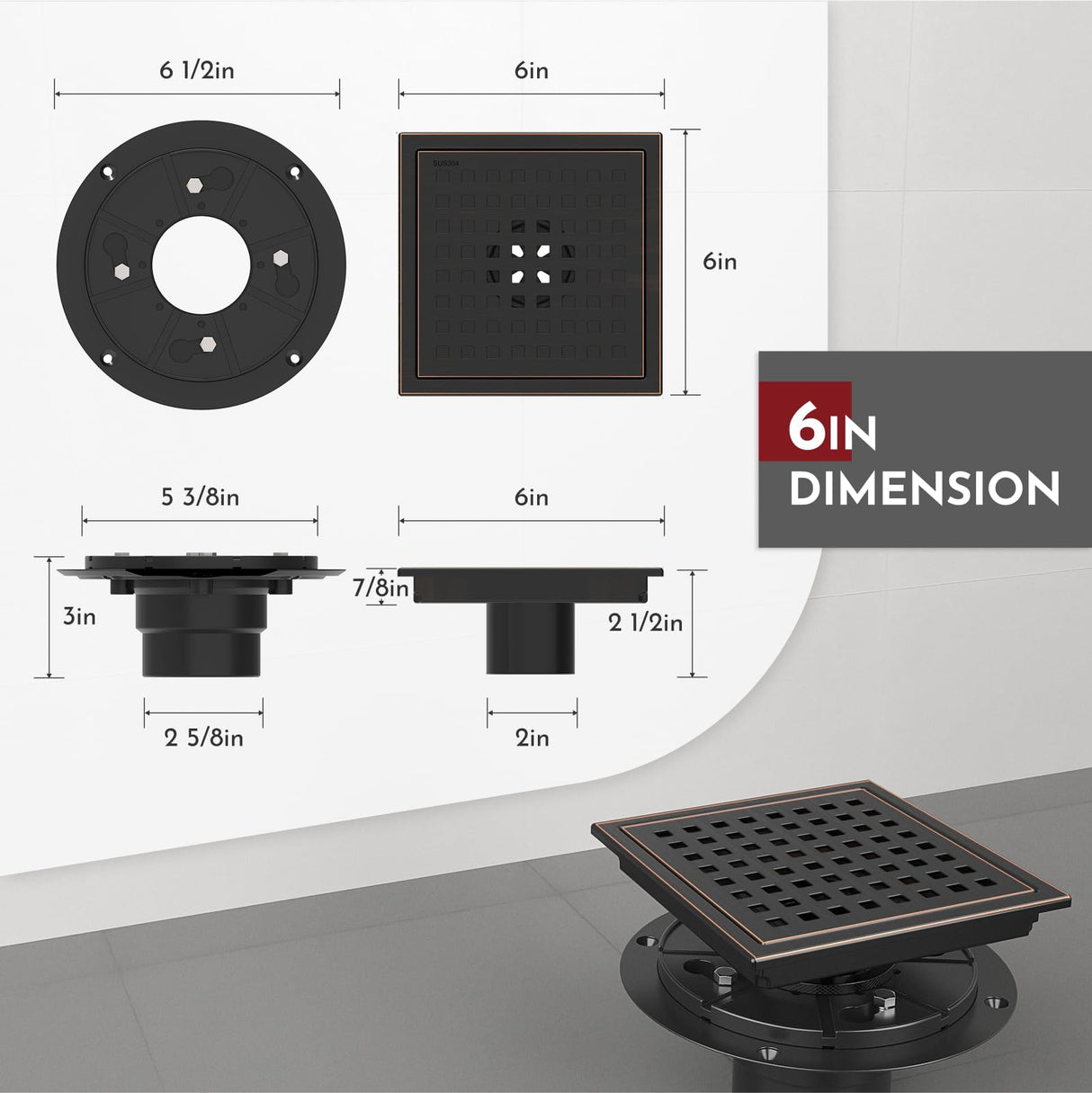 WEBANG 6 Inch Square Shower Floor Drain with Flange,Quadrato Pattern Grate Removable,Food-Grade SUS 304 Stainless Steel,Watermark&CUPC Certified,Oil Rubbed Bronze
