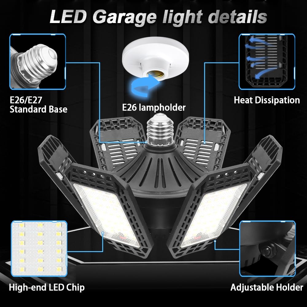 AUDLES 2 Pack Garage Lights, 200W 20000LM 6500K LED Shop Lights, Garage Light Ceiling Led with 6+1 Deformable Panels, Screw in E26/E27 Socket Bulb for Warehouse, Workshop, Basement, Barn Lighting