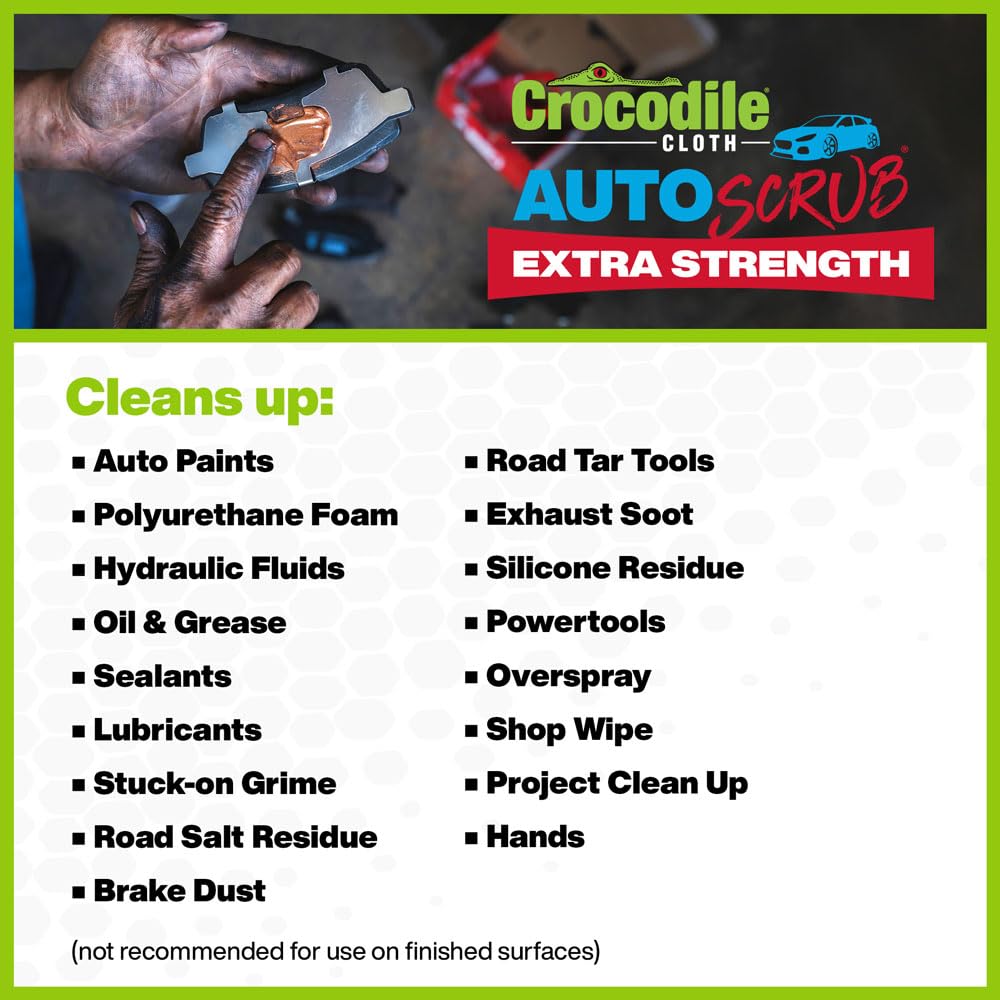 Crocodile Cloth AutoSCRUB Cleaning Wipes – 60-Count (15” x 10”) Cleaning Cloths Remove Oil, Grease, Paint, Tar, Brake Dust, Hydraulic Fluid, Silicone, Sealants & Road Grime from Tools & Hands