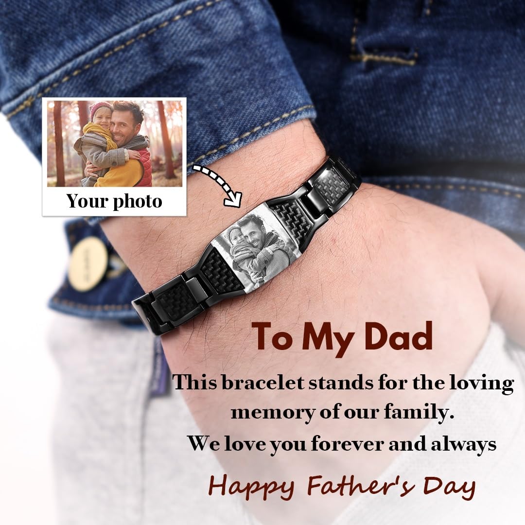 Luxladis Personalized Photo Bracelet for Men Customized Picture Bracelet Gift for Dad Husband Brother Fathers Day (Black)
