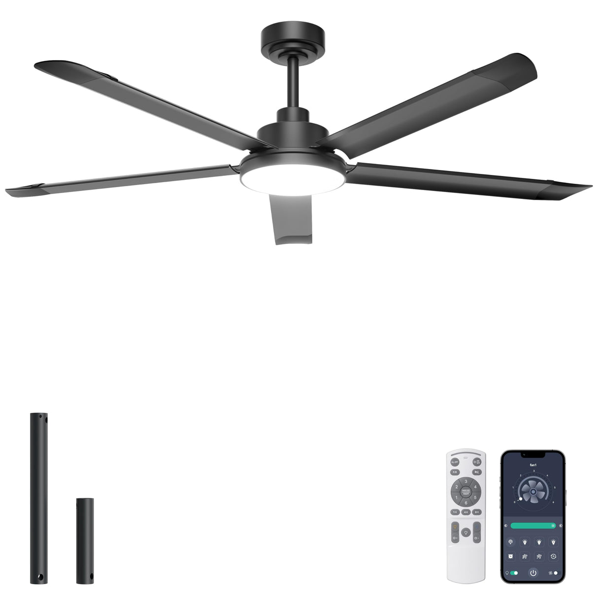 Ohniyou 60'' Ceiling Fan with Lights, Industrial Ceiling Fan with 5 Aluminum Blades, App/Remote Controlled, Dimmable, for Outdoor Patio, Garage, Black
