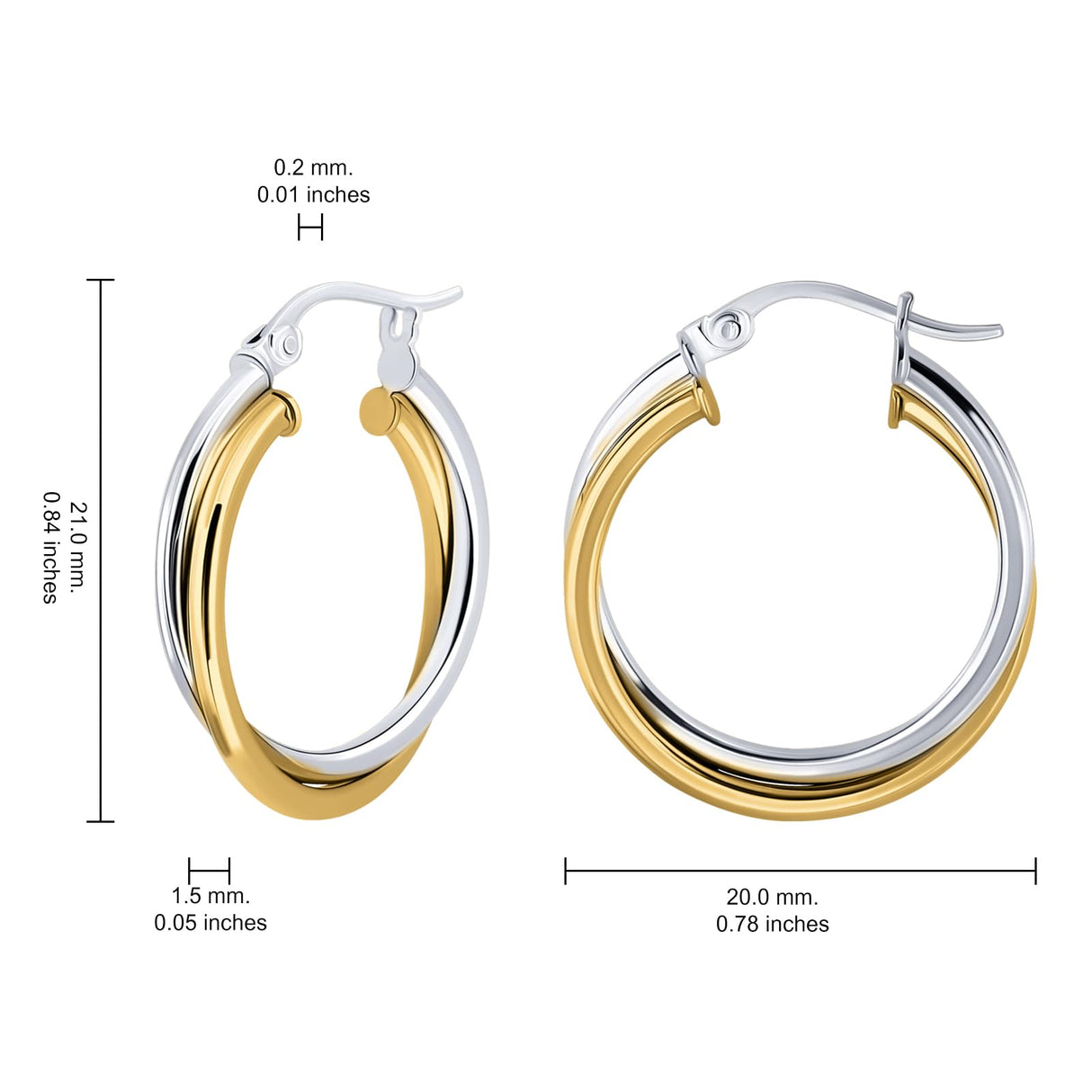 Hoops & Loops 925 Sterling Silver Intertwined Round Hoop Earrings for Women, Two-Tone Layered Trendy Double Square-Tube Hypoallergenic Click-Top Hoops, 20mm - Two-Tone Silver & Yellow Gold