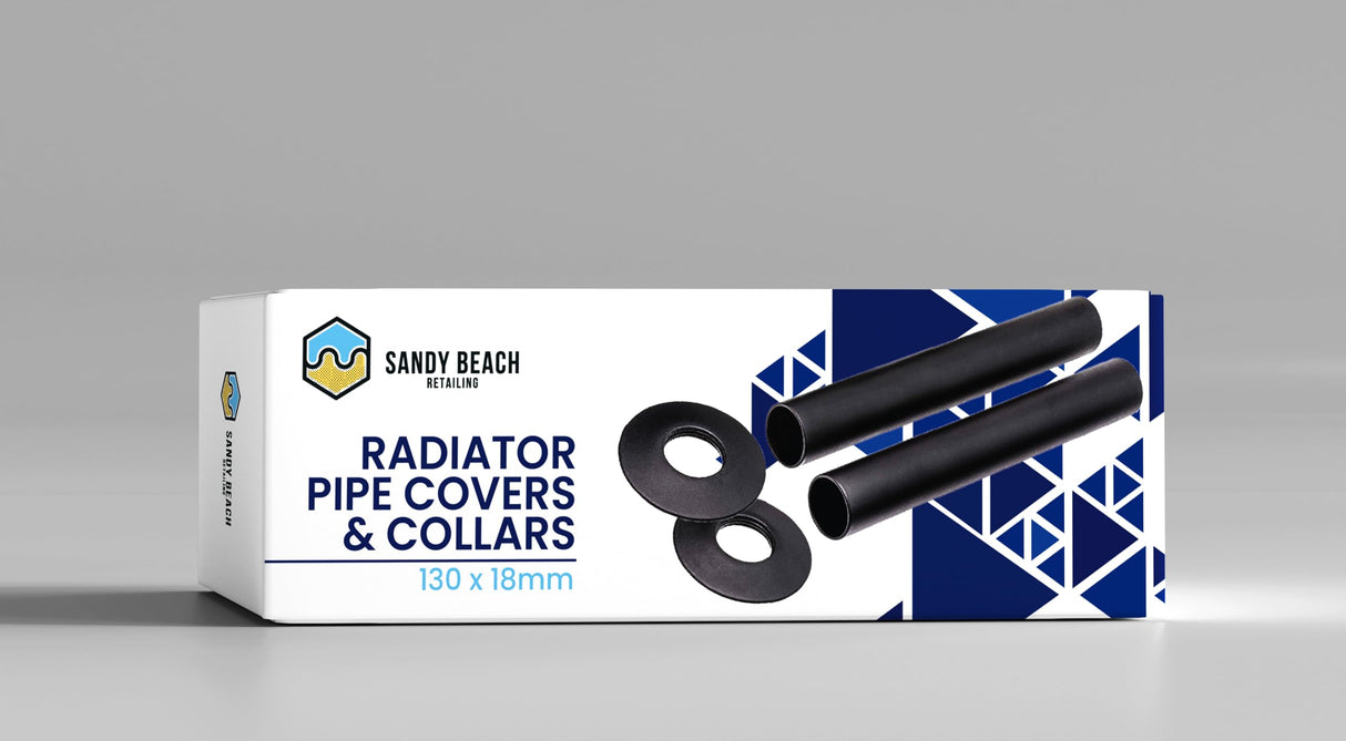 Sandy Beach Black TRV Thermostatic Radiator Valve, Pipe Covers Sleeves & Collars - Black Radiator Pipe Covers, Radiator Valve (130mm x 18mm)