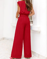 PRETTYGARDEN Women's Casual Summer Outfits 2 Piece Cute Cap Sleeve Tie Front Tops Loose Fit Pant Fashion Airport Outfit(Solid Red,Medium)