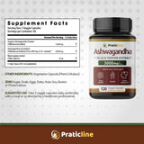 PRATIC LINE Ashwagandha Capsules 3,000 mg - 120 Vegan Cap Made with Organic Ashwagandha Powder and Root Extract. Gluten Free. Made in USA