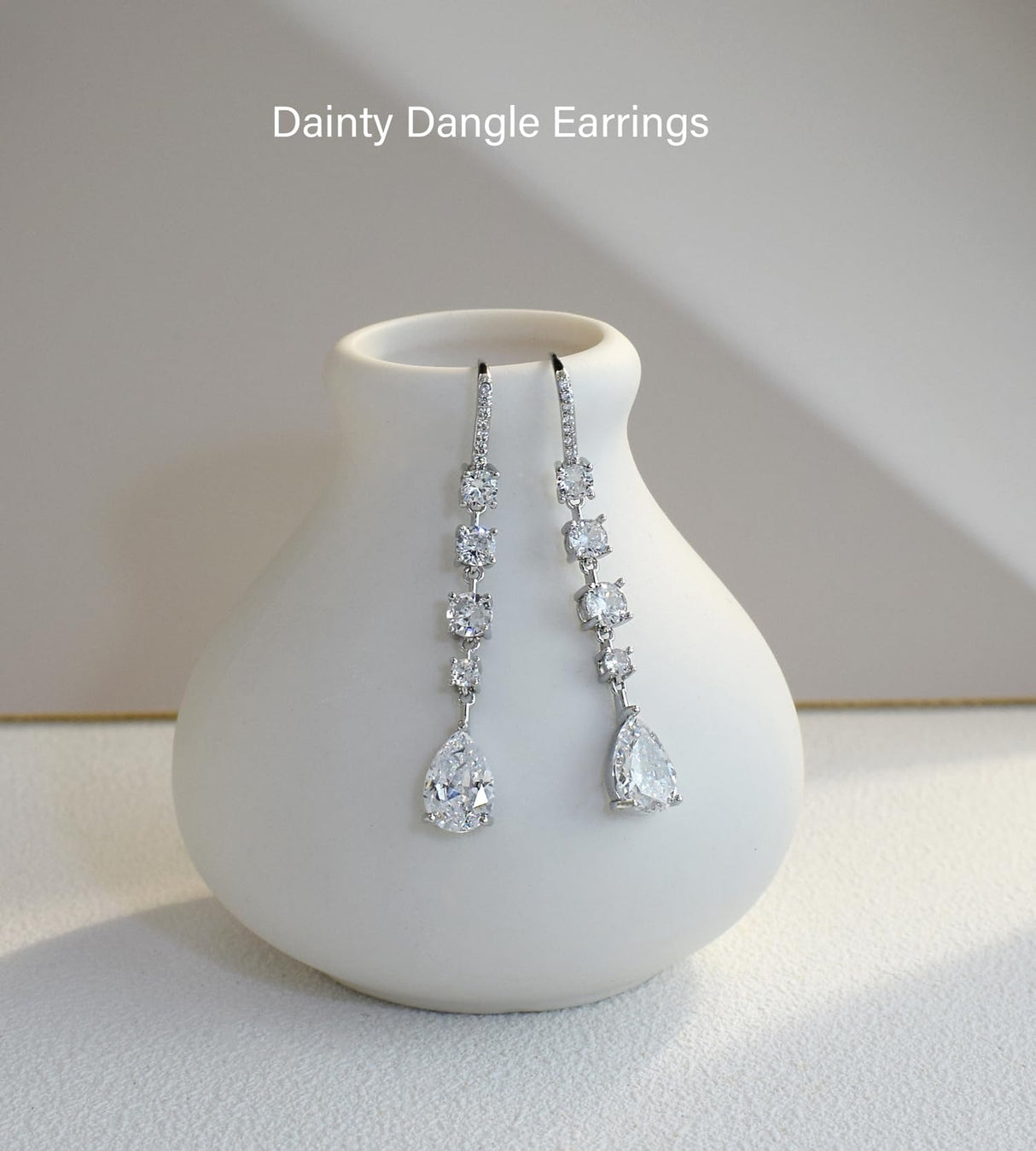 Silver Teardrop CZ Dangle Earrings Long Hook Bride Bridesmaid Wedding