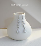 Silver Teardrop CZ Dangle Earrings Long Hook Bride Bridesmaid Wedding
