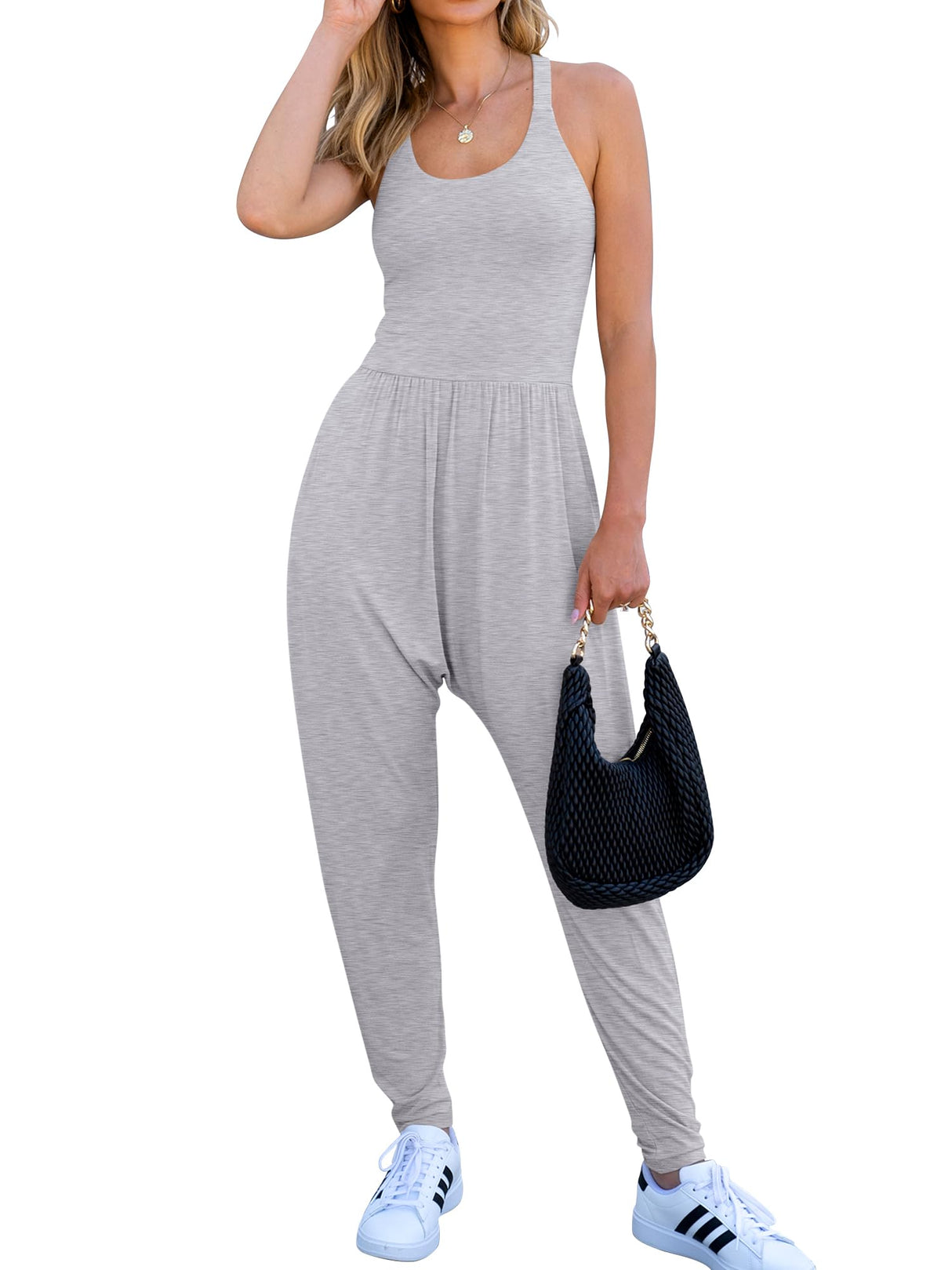 Caracilia Women Jumpsuits 2025 Summer Sleeveless Backless Tank Top Rompers Yoga Gym Workout Jumper One Piece Outfits Grey Medium