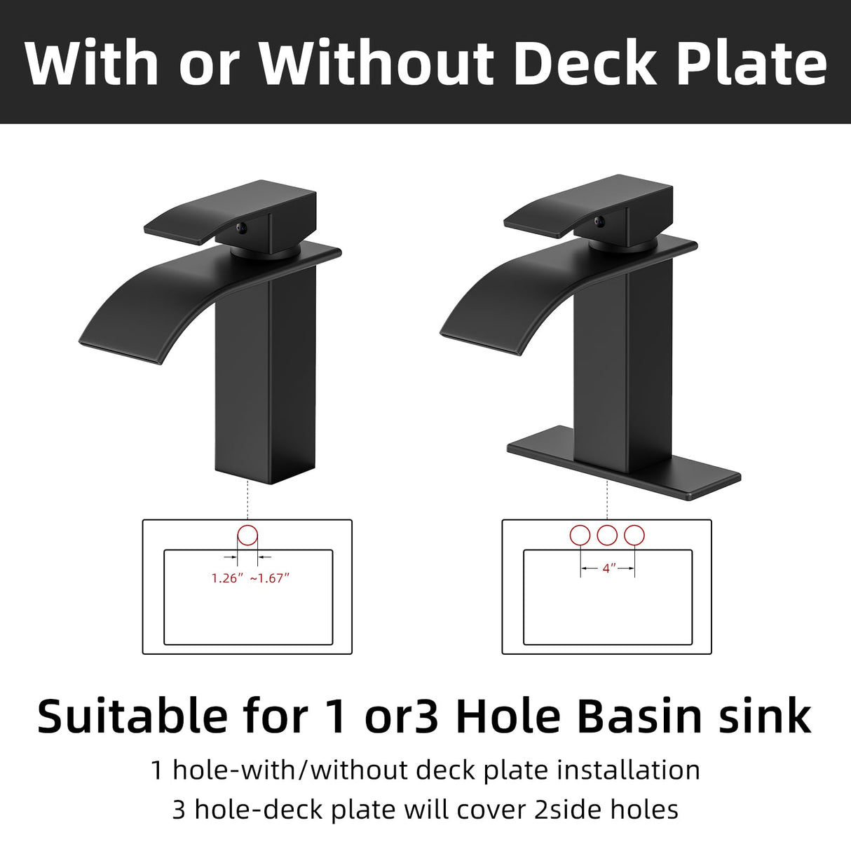 Ryuwanku Bathroom Faucet Matte Black Modern Waterfall Bathroom Sink Faucet with Single Handle Suitable for 1 or 3 Holes,Supply Deck Plate and Hose