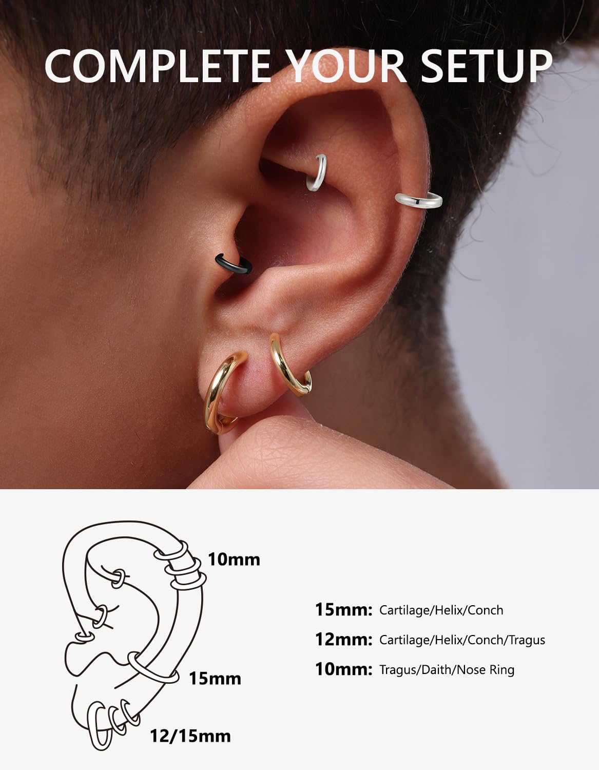 KRKC&CO Hoop Earrings for Men, 925 Sterling Silver Set, White Gold Plated