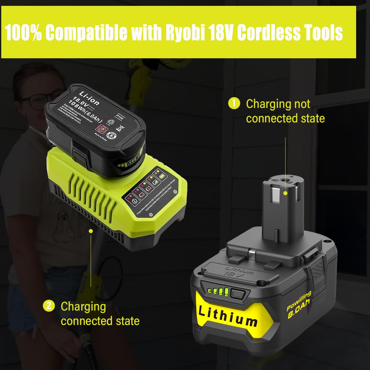Powilling Upgraded 8.0Ah 2Packs P108 Replacement for Ryobi 18V Battery, 18 Volt Batteries for Ryobi One 18V Cordless Tools P108 P107 P105 P104 P103 P102