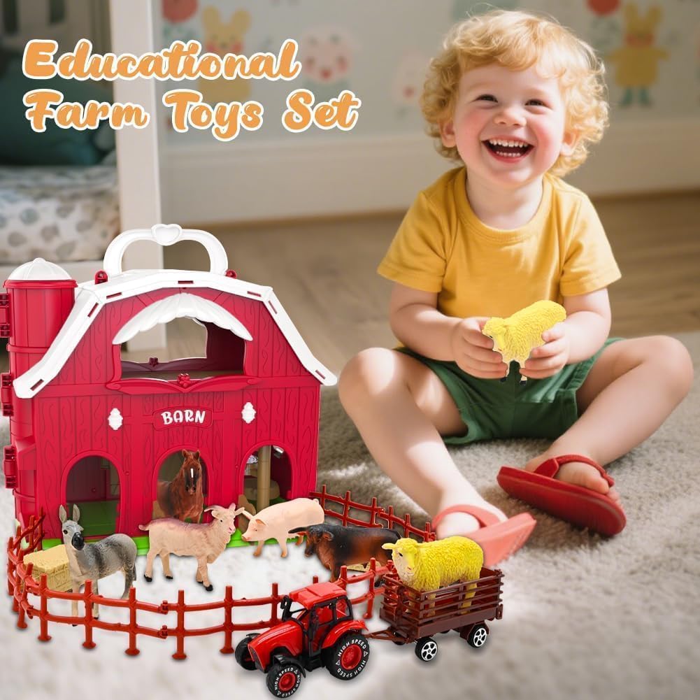 Big Red Barn Toys for Toddlers 1-3, Farm Animal Figures Playset with Tractor for 2 3 4 5 Year Old Kids, Musical Preschool Montessori STEM Learning Toys, Christmas Birthday Easter Gift for Boys Girls