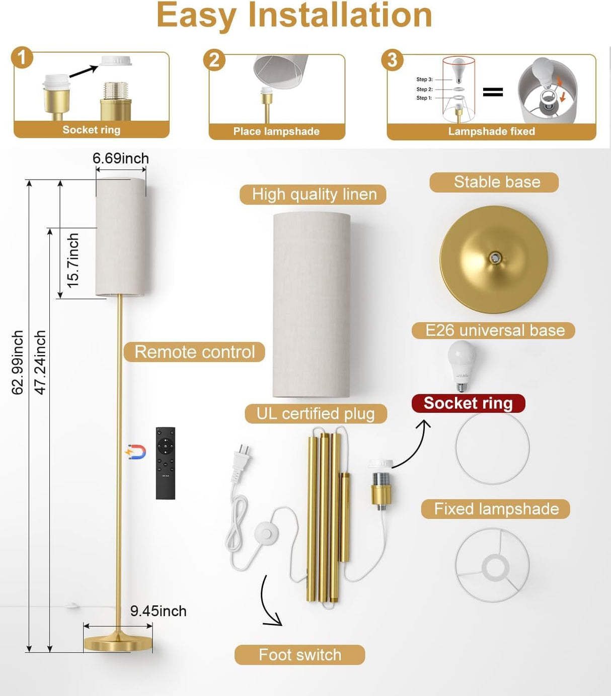 luckystyle LED Floor Lamp for Living Room, Dimmable Standing Lamps with Foot Switch,Remote Custom Color Temperature Gold Pole Lamp with Lampshade,12W Led Bulb Tall Lamps for Bedroom Office Kid Room