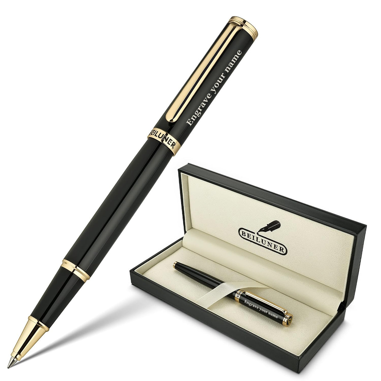 BEILUNER Black Personalized Pen,Stunning Luxury Lacquer With 24K Gold,Schneider Ink Refills,Multiple Fonts To Custom Rollerball,Gift Pen For Men & Women,Executive,Graduation,Christmas,Nice Pens