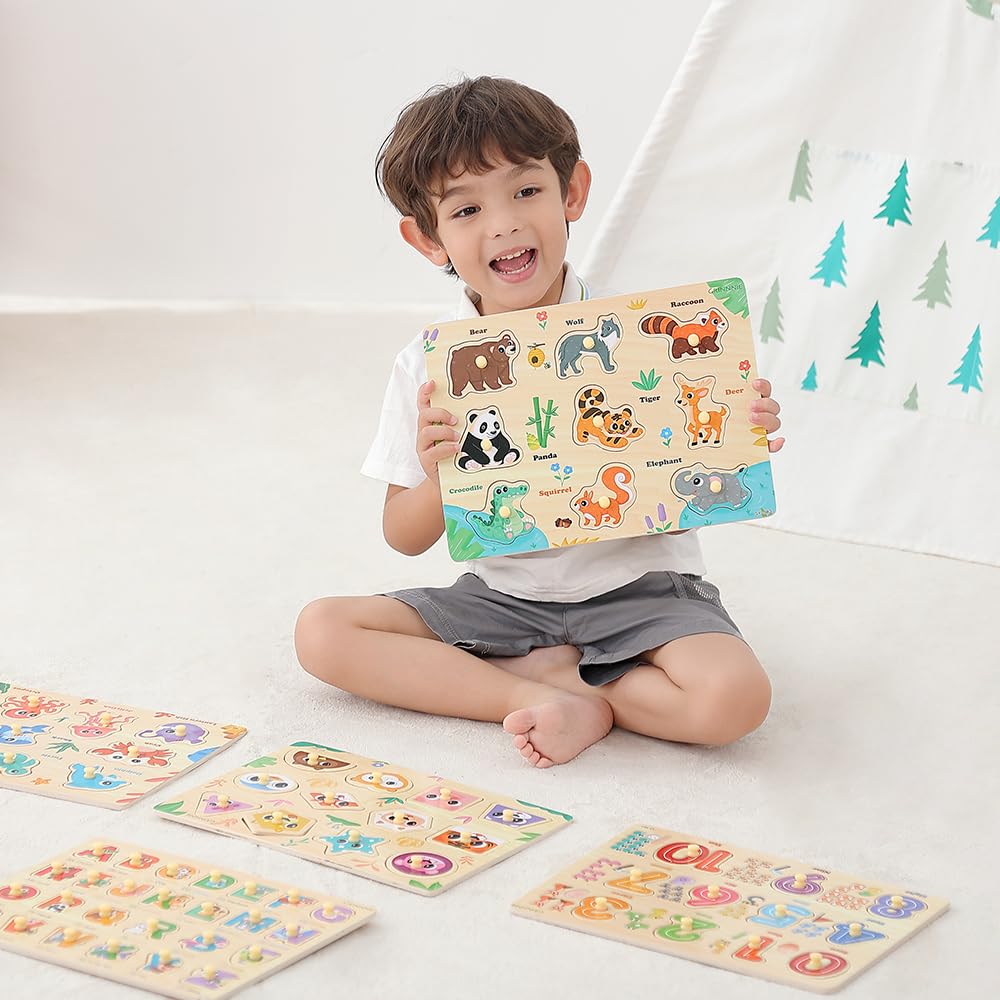 GRINNNIE Wooden Puzzles for Toddlers 3 4 5 Years Old, Montessori Toddler Toys 5PCS Peg Puzzles with Knob - Number, Alphabet, Shape, and Animal, Great Christmas Birthday Gifts for Boys Girls