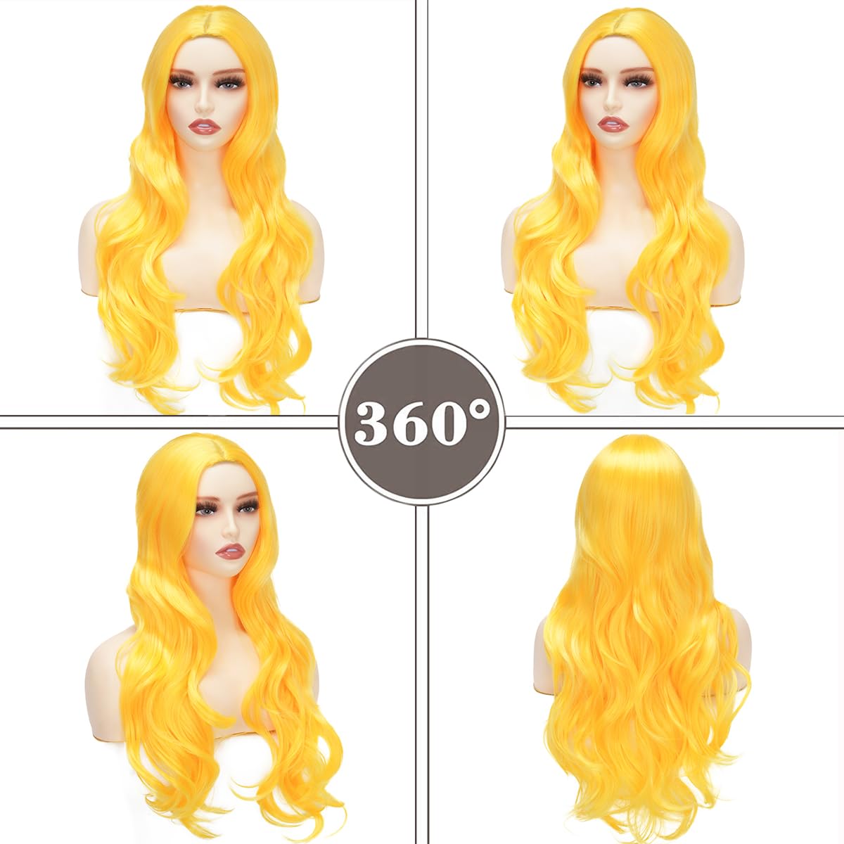 Sabosi Yellow Wig Long Curly Wavy Cute Colorful Wigs Middle Part Synthetic Hair Wigs for Christmas Cosplay Daily Party Wigs