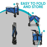 SAILARY Collapsible Wagon with Quiet Wheels - Silent Grocery Shopping Cart for Seniors, Foldable Utility Cart for Laundry & Apartment, Washable Heavy Duty Rolling Wagon with Two Mesh Pockets, Blue
