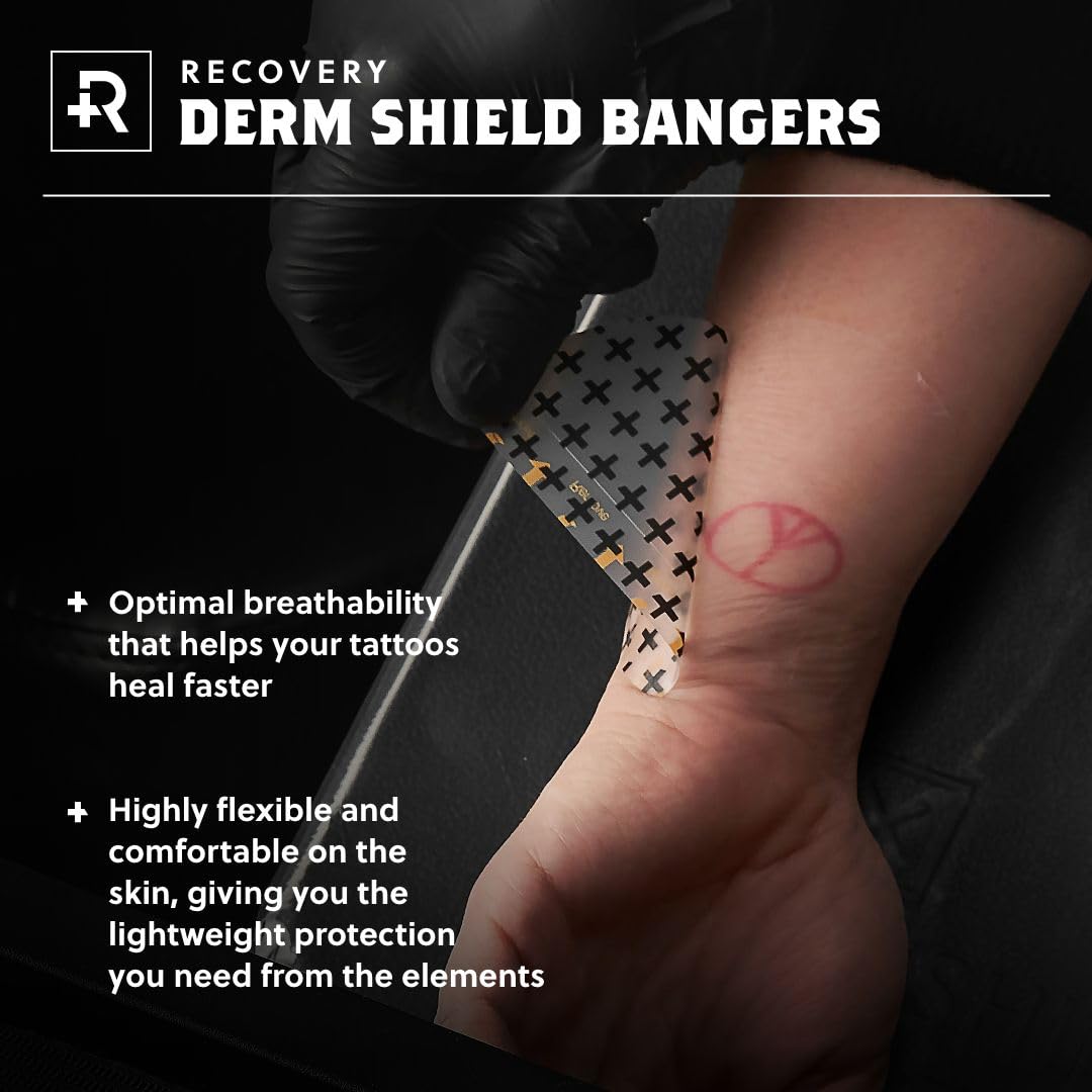 Recovery Derm Shield Bangers Tattoo Aftercare Bandage, Waterproof, Latex-Free Adhesive, Breathable, Care Products, Clear, Circular 3” Diameter, Tub of 100