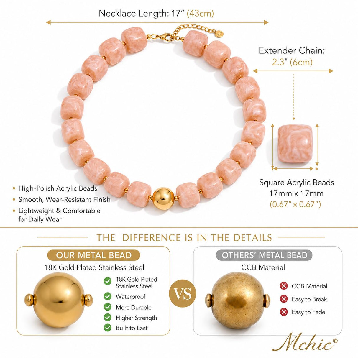 Mchic Khakki Beaded Choker Necklace for Women Chunky Square Acrylic Beads