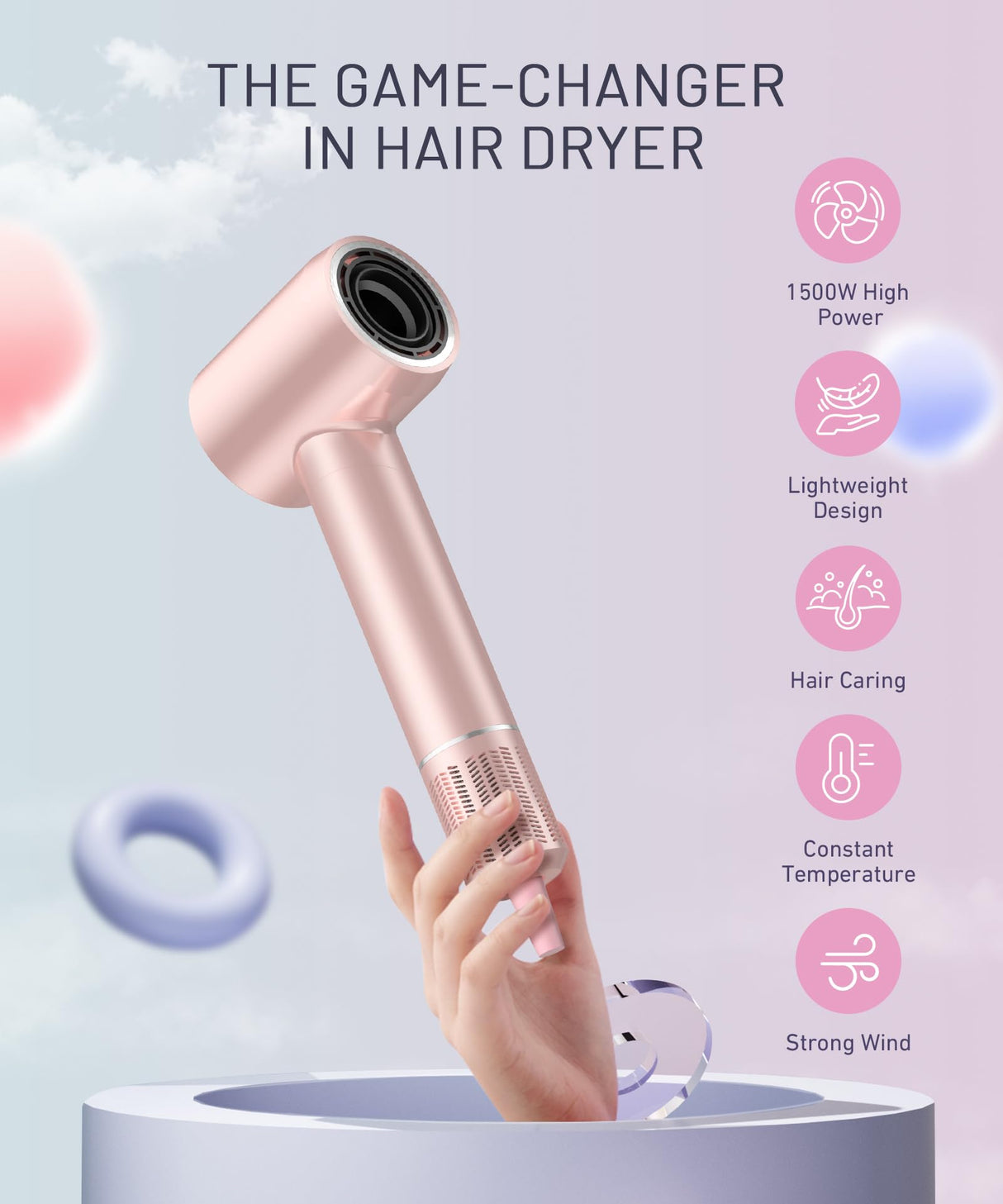 Hair Dryer - 150000 RPM High-Speed Brushless Motor Negative Ionic Blow Dryer for Fast Drying, Low Noise Thermo-Control Hair Dryer with Diffuser and Nozzle, Pink