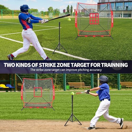 BAGAIL 7x7 ft Baseball & Softball Practice Net with Bow Frame for Batting, Hitting, Pitching, Portable Baseball Throwing Net with 2 Strike Zone Batting Tee, Carry Bag, Great for All Levels