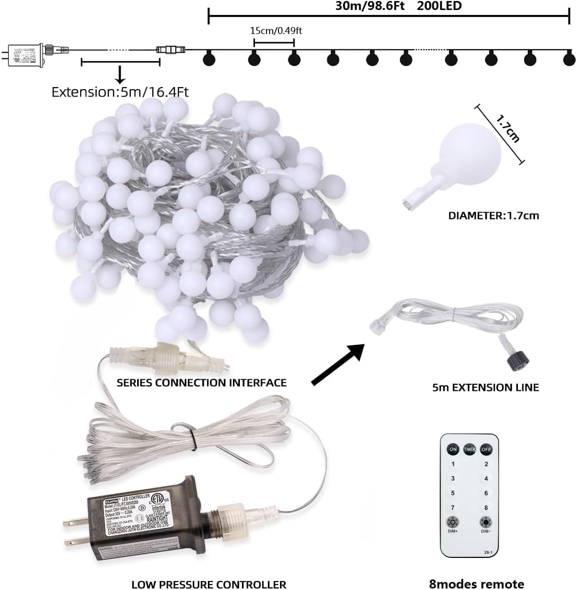 RaThun Globe String Lights Plug in 116 Ft. 200 LED 8 Modes with Remote,Waterproof Fairy String Lights for Indoor Outdoor Bedroom Party Wedding Garden Christmas Tree Decor,Warm White