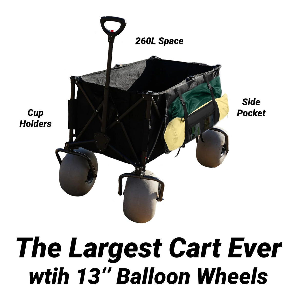 WONDERCAMEL Beach Wagon with 13'' Balloon Wheel, 260L Large Capacity, Compact Folding Design, Collapsible Cart with Big Wheels for Sand, Pump Included