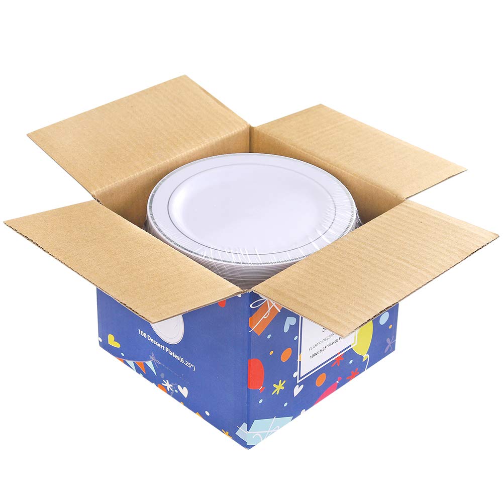 bUCLA 100Pieces Silver Plastic Plates - 6.25inch White with Silver Rim Disposable Salad/Dessert/Appetizer/Small Cake Plates for Weddings, Christmas, Parties&Gathering