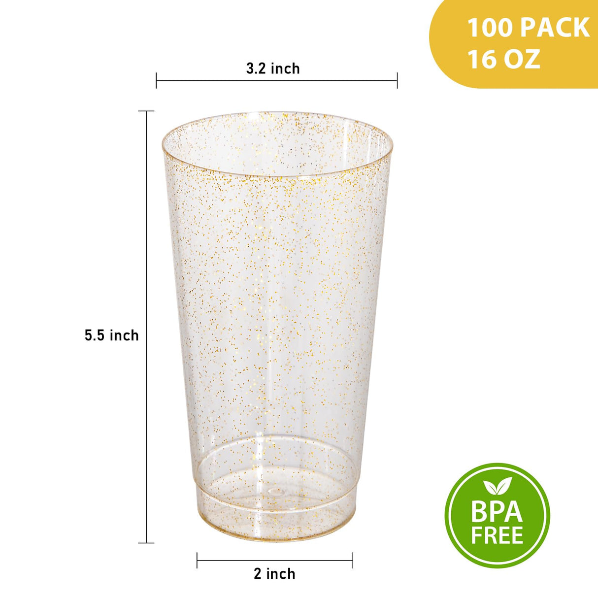I00000 16 oz Gold Plastic Cups, 100 Pack Gold Glitter Plastic Cups Tumblers Disposable Party Cups Wedding Cups, Heavy-duty Plastic Disposable Cups Ideal for Halloween,Thanksgiving & Christmas Parties