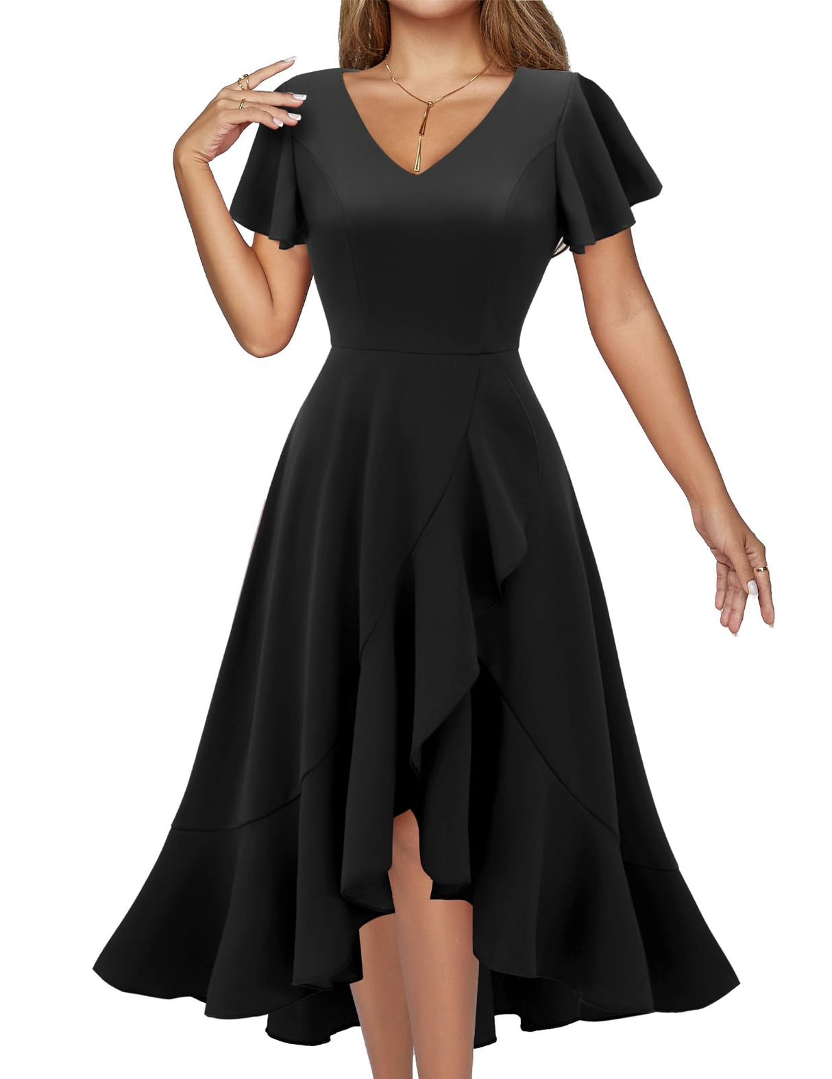 DRESSTELLS Women's Cocktail Dresses 2025, Black Fall Wedding Guest Tea Party Modest Funeral V Neck Vintage Fit Flare Formal Halloween Christmas Dress Black XL