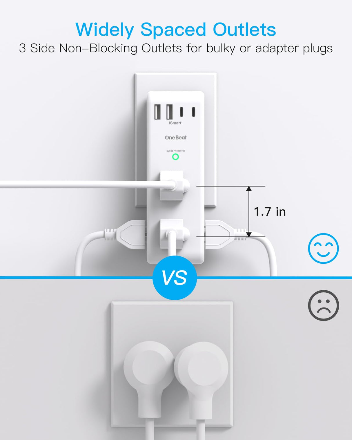 Surge Protector Outlet Extender with Rotating Plug, 6 AC Multi Plug Outlet with 4 USB Ports (3 USB C), 1800 J, 3-Sided Swivel Power Strip with Spaced Outlet Splitter for Dorm Office, White-2 Pack