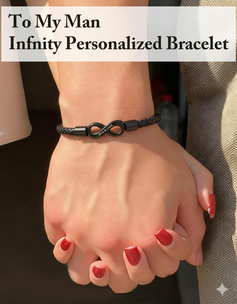 ziella To My Man,Personalized Dual Name Infinity Leather Bracelet,Personalized Custom Name Stainless Steel Bracelet Valentine Birthday Gifts for Him (L (Large), 9-inch)