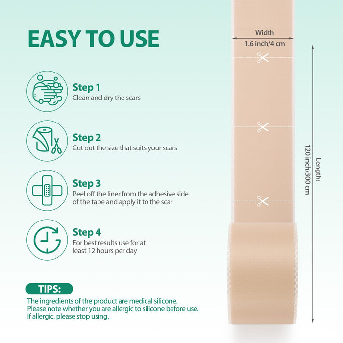 Medical Grade Silicone Scar Sheets (1.6” x 120” Roll - 3M), Professional Silicone Scar Tape, Reusable Silicone Scar Strips, Scar Remove Treatment for Acne Scars C-Section & Keloid Surgery