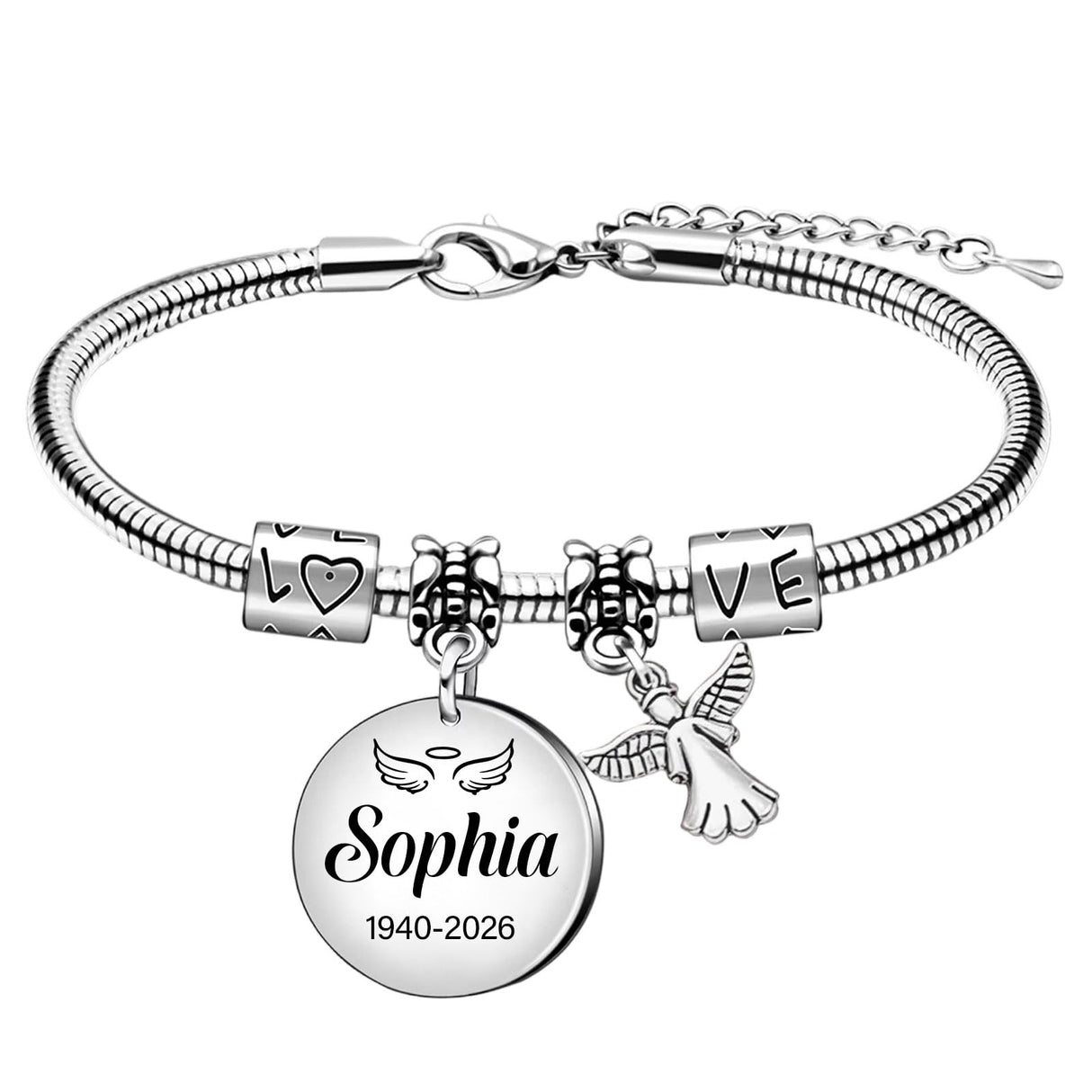 HAPPARY Silver Bracelets for Women Men,Custom Memory Bracelets for Loss Loved One with Name Dates,Personalized Adjustable Bracelet,Sympathy Bracelet for Loss of Husband,Memorial Angel Charms Keepsake