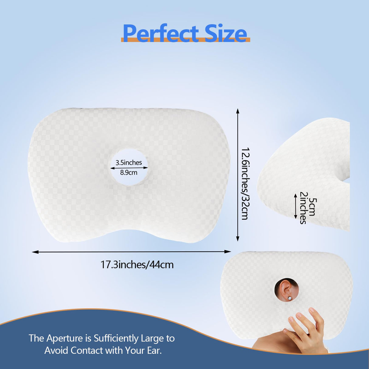 Ear Piercing Hole Pillows Side Sleeper Pillow with an Ear Hole for CNH Side Sleepers and Ear Inflammation Pressure Sores, Adjustable Cotton and Polyester Curved Side Pillow, White
