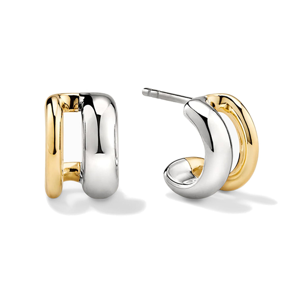NOKMIT Two Tone Huggie Hoop Earrings for Women, Dainty 14K Gold and Silver Mixed Metal C Shaped Hoops, Small Multi Statement Geometric Earrings, Plain High Polish Non Tarnish Jewelry Gifts
