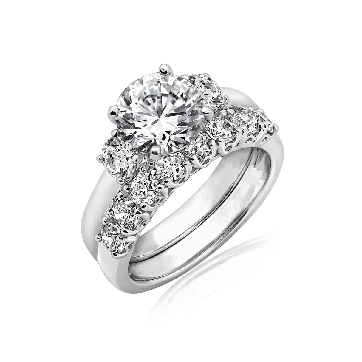 Amazon Essentials Sterling Silver Platinum Plated, Infinite Elements, Cubic Zirconia, Three Stone Ring with Matching Wedding Band, Size 7