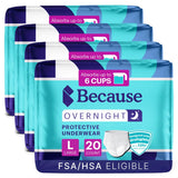 Because Overnight Absorbency Pull Ups - Adult Disposable Incontinence Underwear, Extra Absorbent Nighttime Briefs for Men and Women, White, Large, 80 Count (4 Packs of 20)