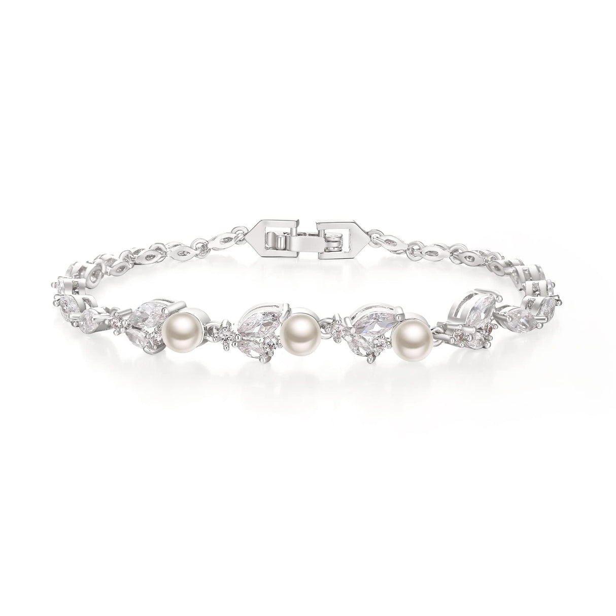 Crysdue Simulated Pearl CZ Wedding Leaf Tennis Bracelet for Women Clear