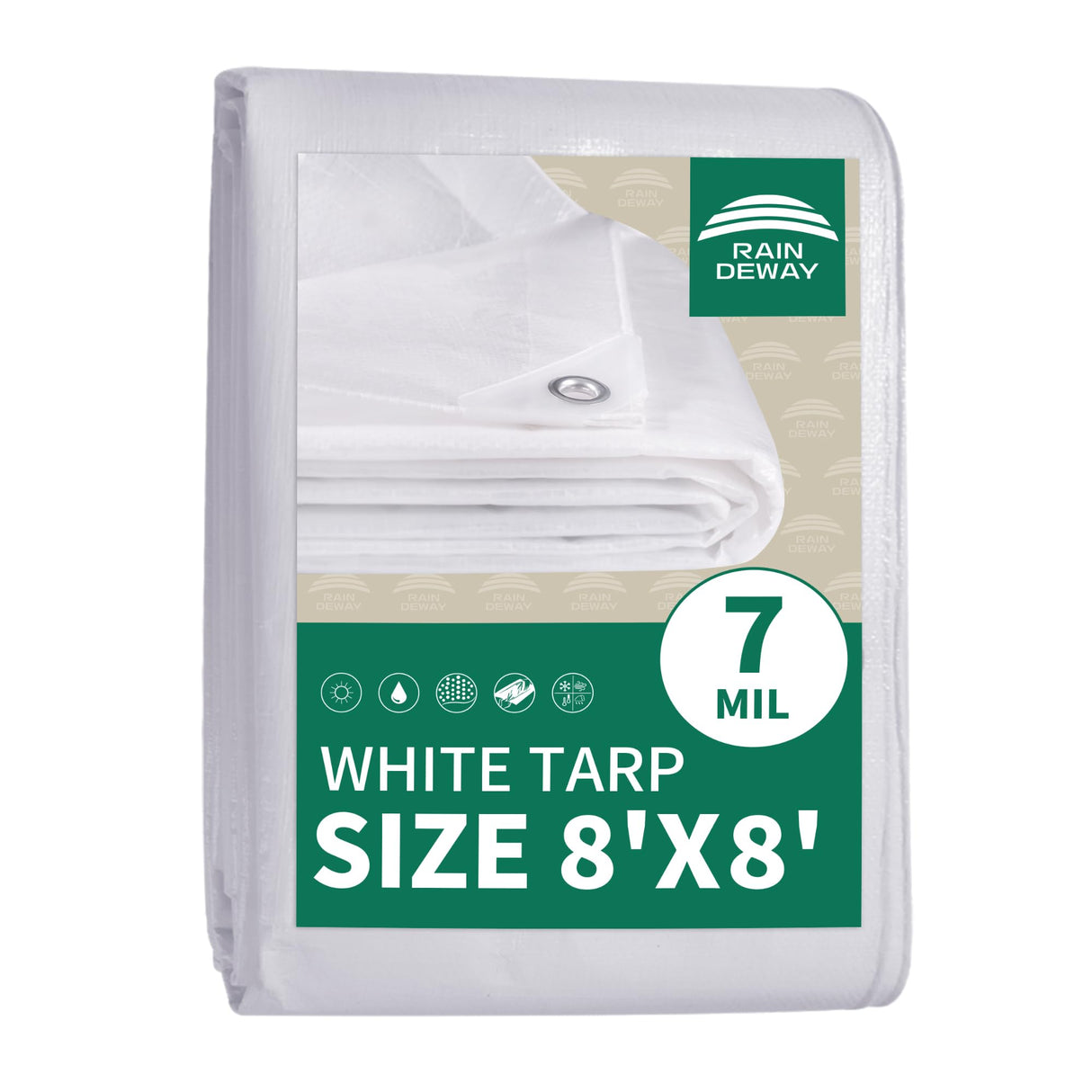 RAINDEWAY Tarps 8x8 Feet Tarp Waterproof,7Mil Thick,Finished Size,UV Resistant,Multipurpose Poly Tarp Cover with Metal Grommets and Reinforced Edges,White Tarps