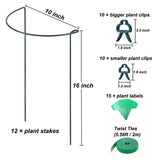 12 Pack Plant Support Stake, 16 Inch Peony Cages and Supports for Outdoor Plants, with 15 Pcs Plant Labels, 20 Pcs Plant Clips, 7ft Plant Ties