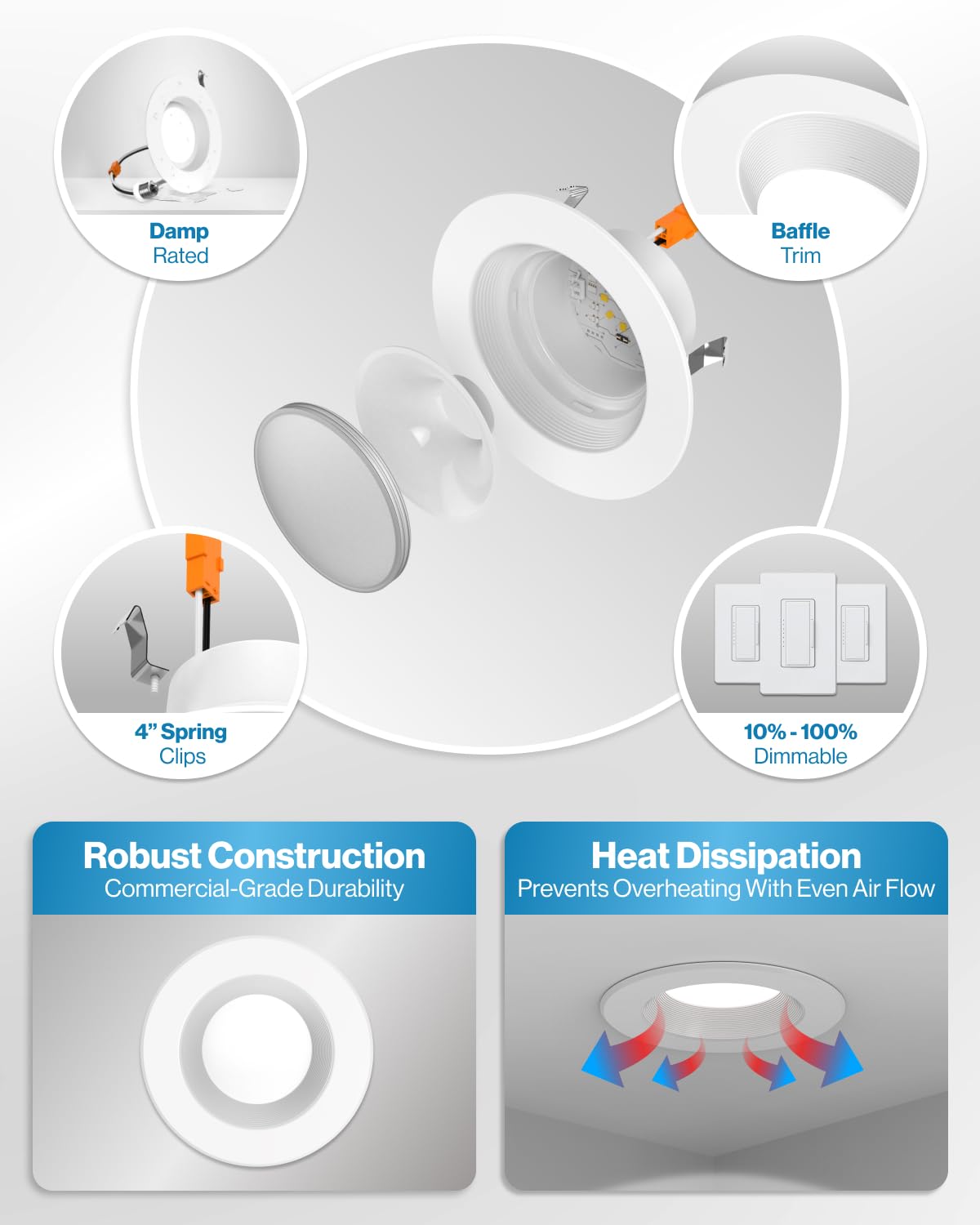 Sunco 4 Inch LED Recessed Lights, Retrofit Can Light for Ceiling, Baffle Trim, 660 LM, 11W (60W Equivalent), 3000K Warm White, Dimmable, Damp Rated ETL 4 Pack.