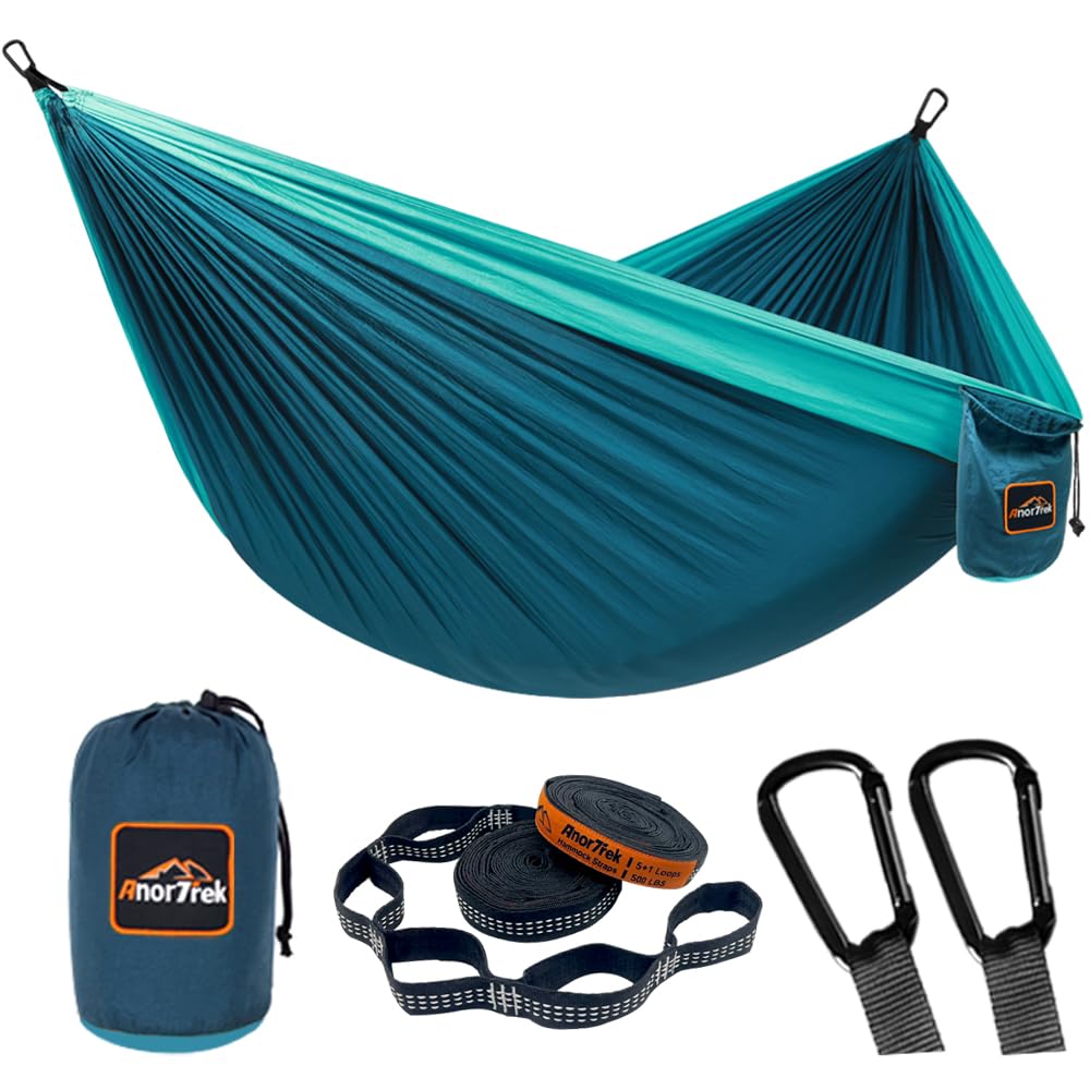AnorTrek Camping Hammock, Super Lightweight Portable Parachute Hammock with Two Tree Straps Single or Double Nylon Travel Tree Hammocks for Camping Backpacking Hiking Blue&Dark Blue