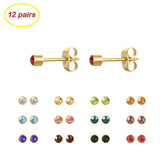 JUSTJANDM 12 Pairs Ear Piercing Stud Earrings for Ear Piercing Guns, Surgical Stainless Steel Multicolor Round Heart Star Cubic Zirconia Birthstone Stud Earrings Set (Gold round 4mm)