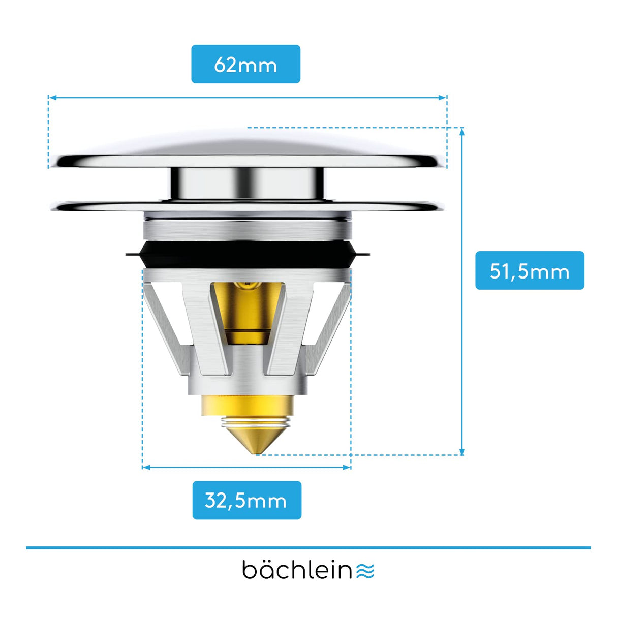 Bächlein Universal Pop Up Washbasin Plug - Chrome Drain Strainer for Washbasins - 40mm Drain Valve Plug with Hair Strainer