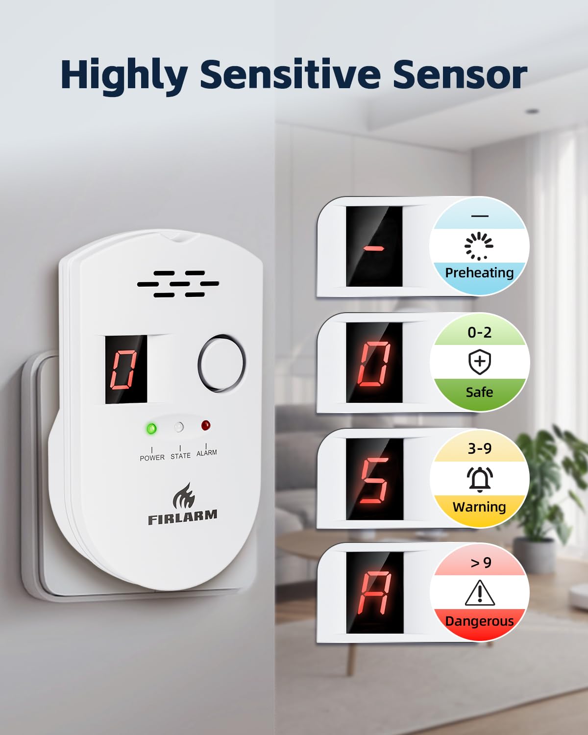 Firlarm Natural Gas Detector, Plug-in Gas Leak Detector for Home, Propane Leak Alarm for RV and Kitchen, with LED Digital Display