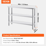 VEVOR Stainless Steel Food Prep Table, 14 x 48 x 34 Inch Commercial Kitchen Worktable, with 2 Adjustable Undershelf, Heavy Duty Prep Metal Work Tables for BBQ, Kitchen, Home, and Garage